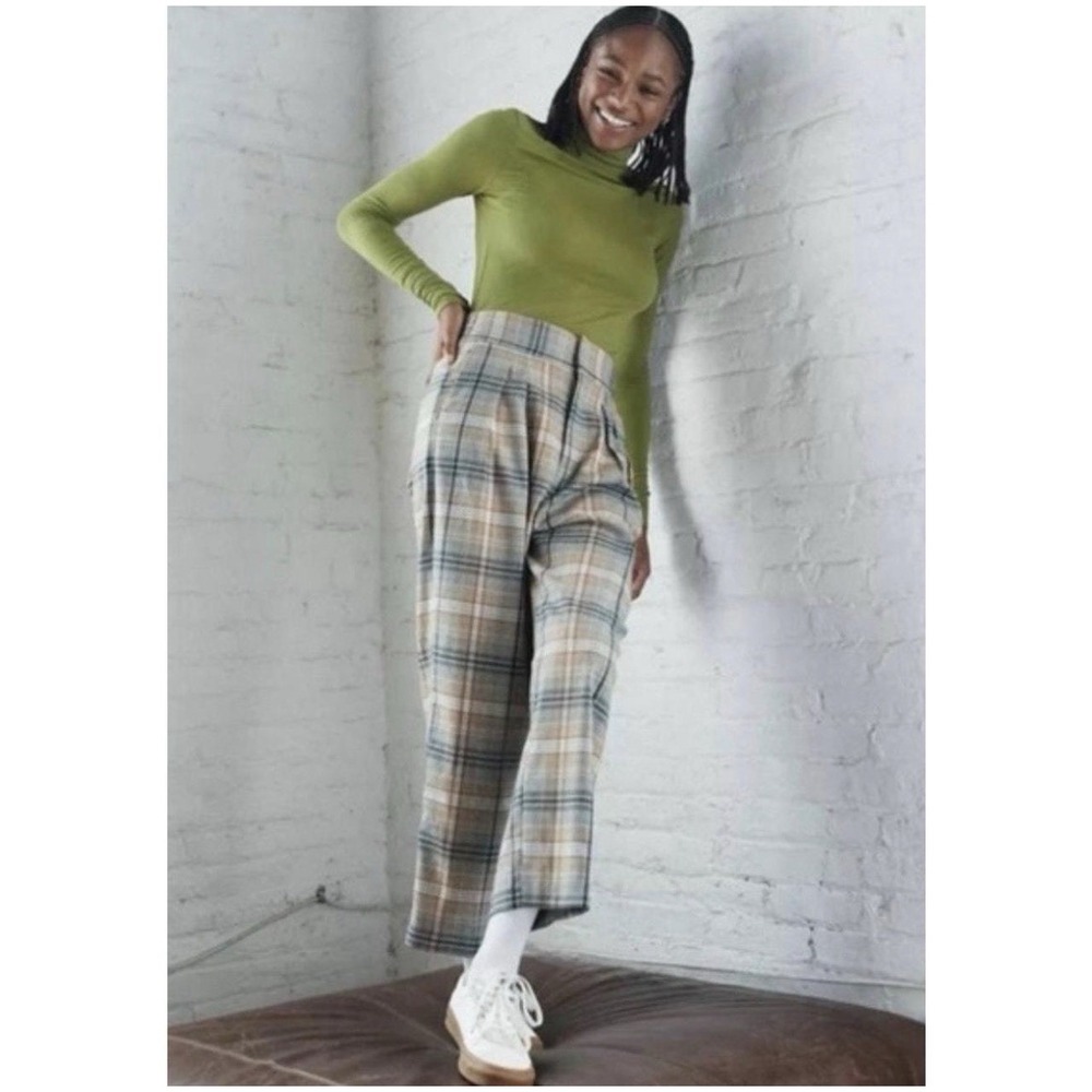 Urban Outfitters Paige Plaid Pleated Pants Medium Hi Rise Crop Rust Blue Tan